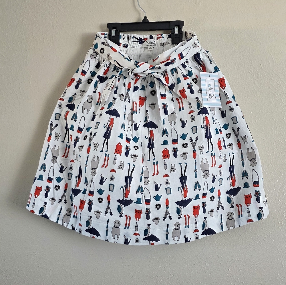 White Circle Skirt with Multicolor Novelty Print